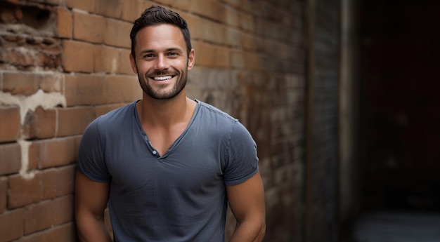 realistic photo of a smiling man wearing a shirt and jeans on the left side of the image