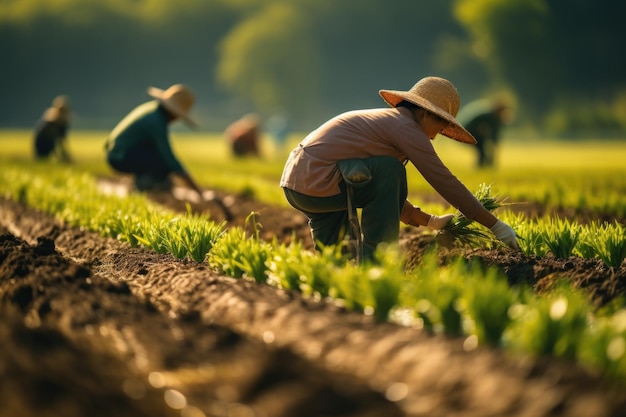 Realistic photo of On the sunny fields farmers are working field high glossy photography