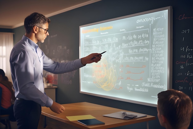 Photo realistic photo of a teacher typing on whiteboard