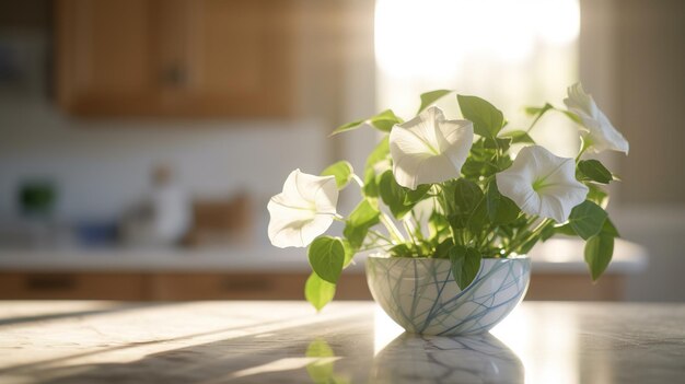 Foto foto realistica di una pianta da fiore tropicale in un vaso di marmo con luce naturale