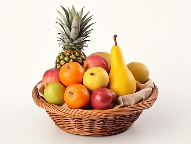 Photo realistic photo with white background basket with fruits