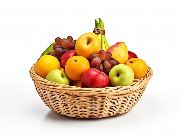 Photo realistic photo with white background basket with fruits