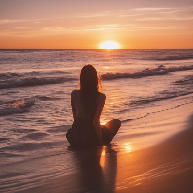 Foto foto realistica di una donna seduta sulla spiaggia ad ammirare il tramonto