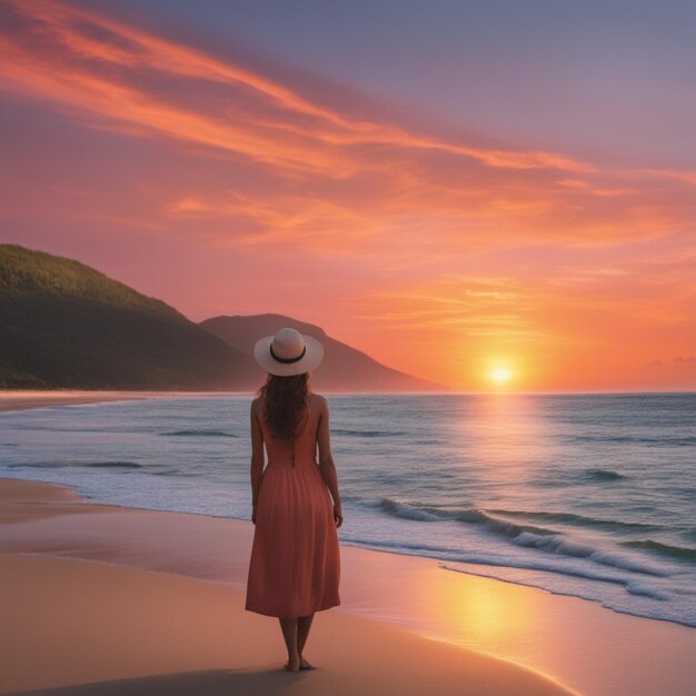 Foto foto realistica di una donna che passeggia lungo la spiaggia al tramonto