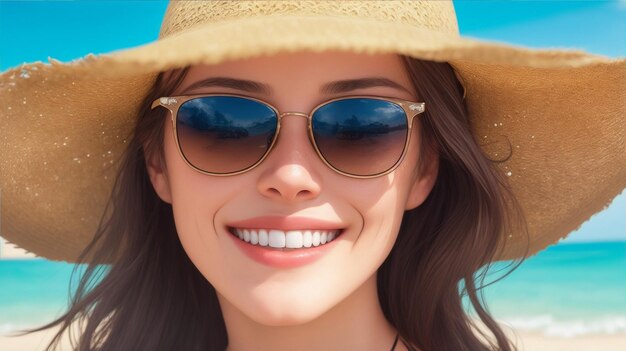 Realistic photo of a woman wearing a hat and sun glasses smiles at the camera by Generative AI