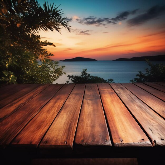 Foto foto realistica di tavolo di legno con isola sullo sfondo del mare e crepuscolo generato ai