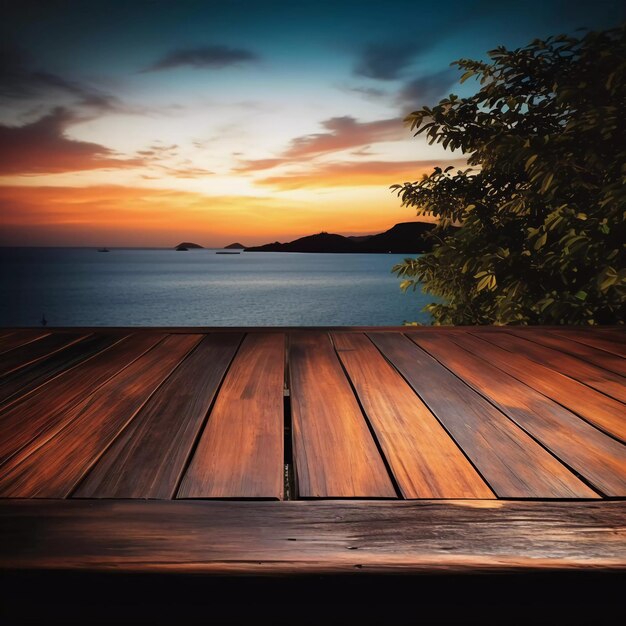 Foto foto realistica di tavolo di legno con isola sullo sfondo del mare e crepuscolo generato ai
