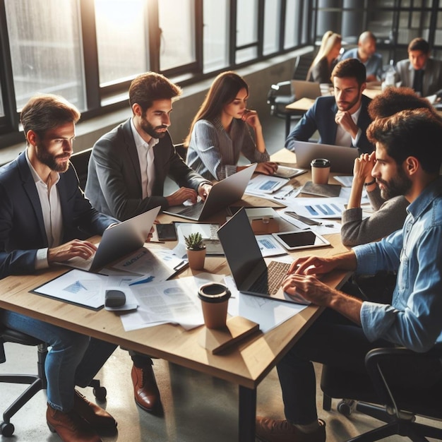 realistic photo of workers in a meeting