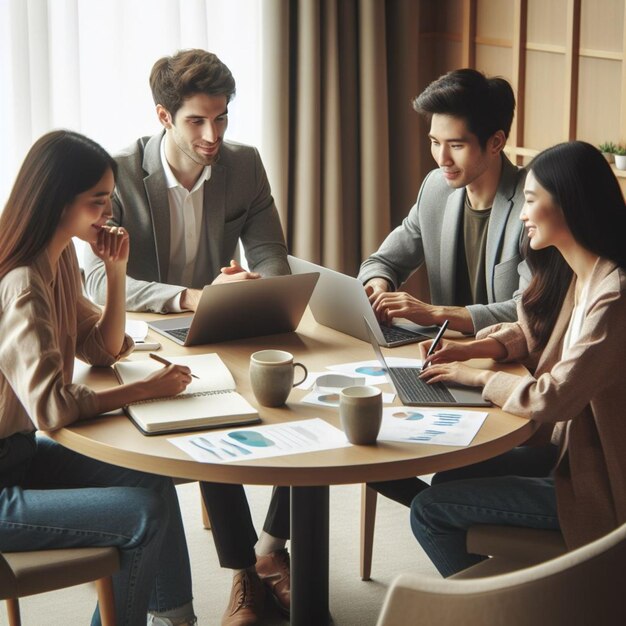 realistic photo of workers in a meeting