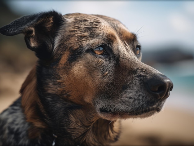 Realistic photograph of a beautiful dog on the beach generative ai