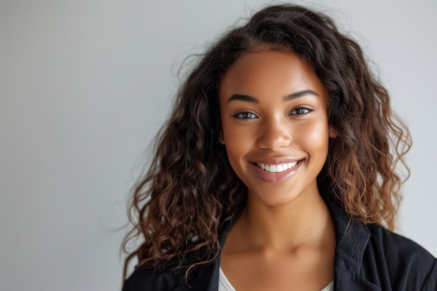 Photo realistic photograph of a complete of the young smiling businesswoman working on digital tablet focu