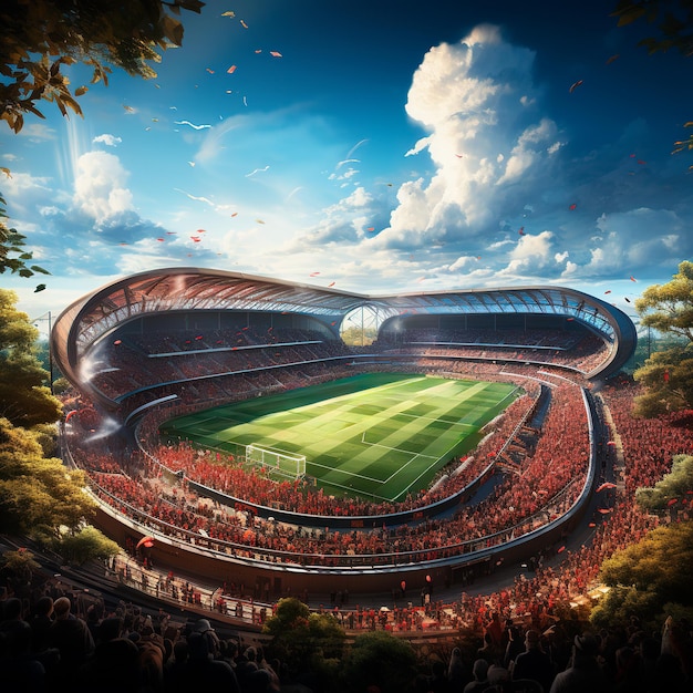 realistic photograph of a modern soccer stadium illuminated