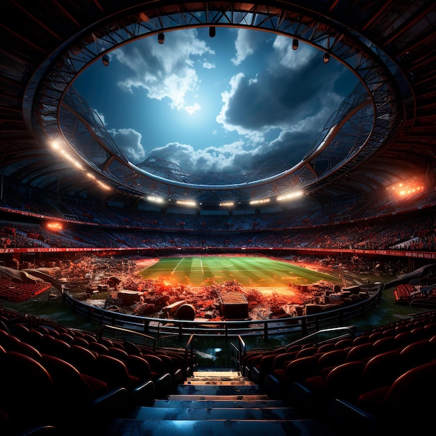 ライトアップされた現代のサッカースタジアムのリアルな写真