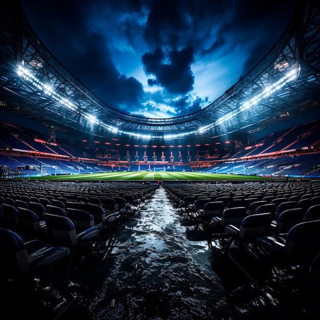 Photo realistic photograph of a modern soccer stadium illuminated