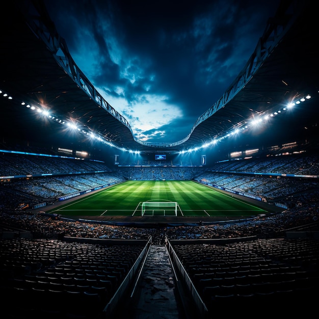 Photo realistic photograph of a modern soccer stadium illuminated