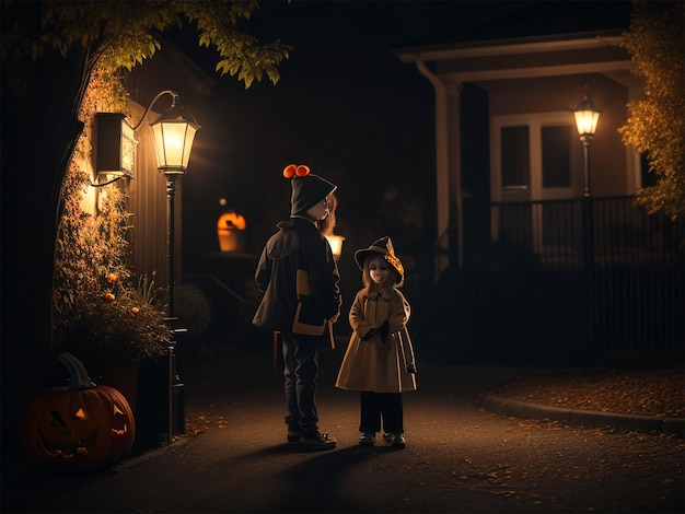 カボチャを手に古典的な衣装を着た屋外のハロウィーンの夜景の現実的な写真