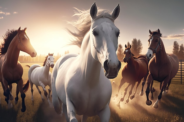 Realistic photography of a group of black horse running over a field Generative Ai