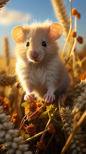 Realistic Photography Little Mouse in the Wheat Field