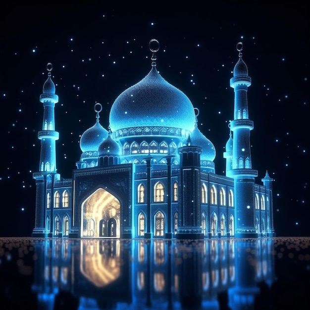 realistic photography of a mosque with a blue background