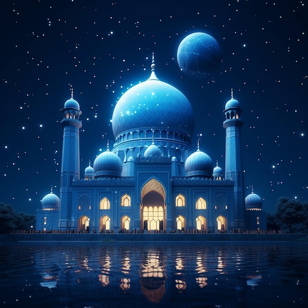 파란색 배경을 가진 모스크의 현실적인 사진