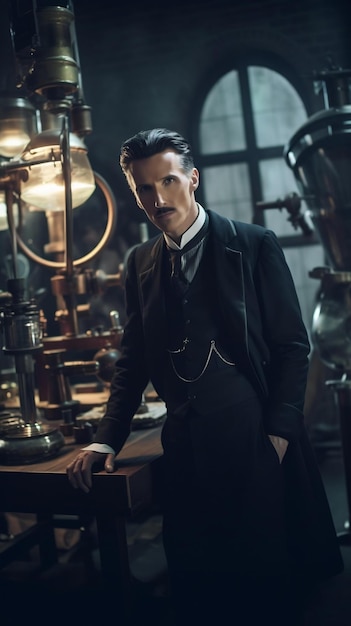 Realistic photography of Nikola Tesla in his laboratory