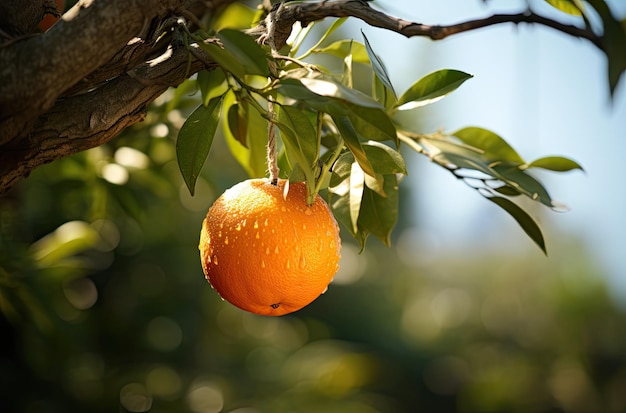 realistic photography of an orange in a tree