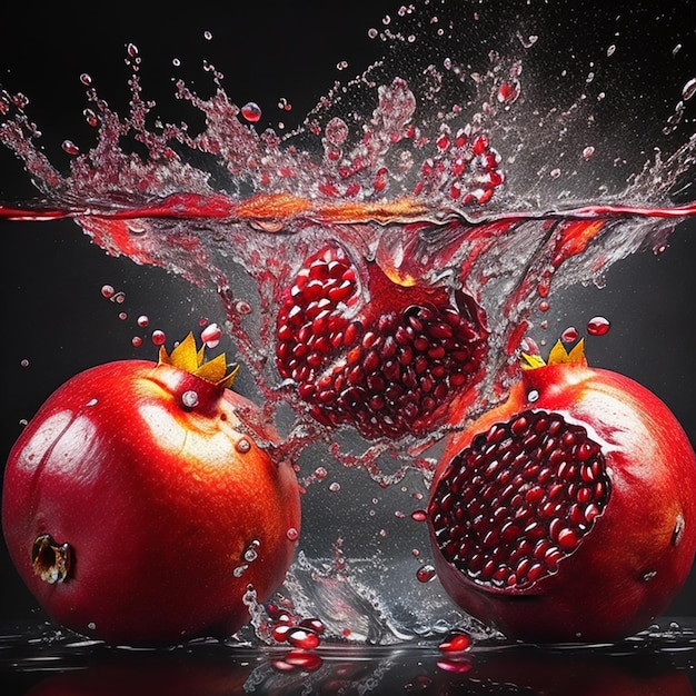 Photo realistic photography pomegranate drops water motion generated by ai