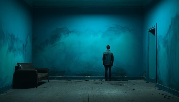 Photo a realistic photography someone alone in a empty room with blue colours