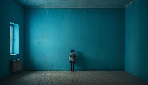 Photo a realistic photography someone alone in a empty room with blue colours