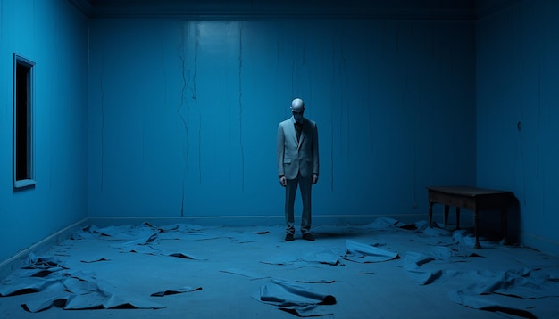 A realistic photography someone alone in a empty room with blue colours