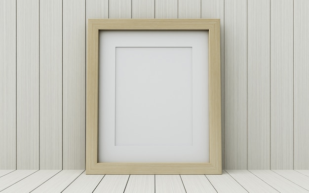 Realistic picture frame on wood background.