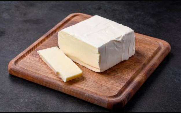 Photo realistic piece of butter on wooden tray slices of milk dairy product fatty margarine