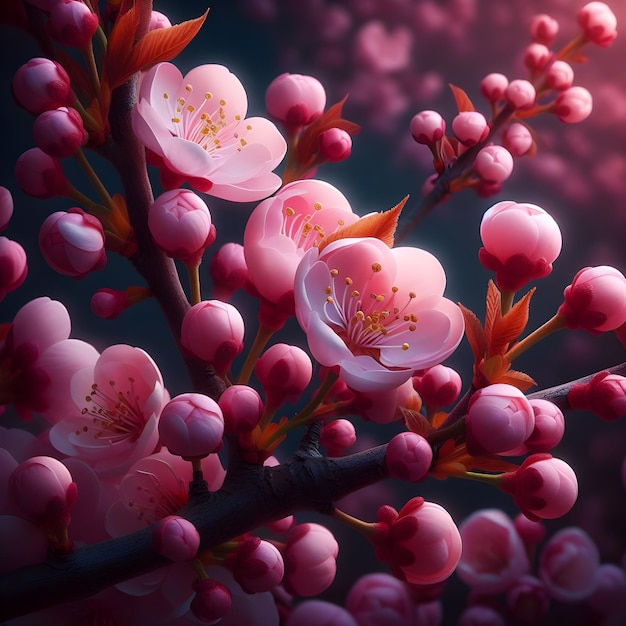 Photo realistic pink blossoms adorn the budding cherry tree