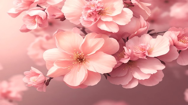 Realistic pink cherry or apricot floral elements fall down background