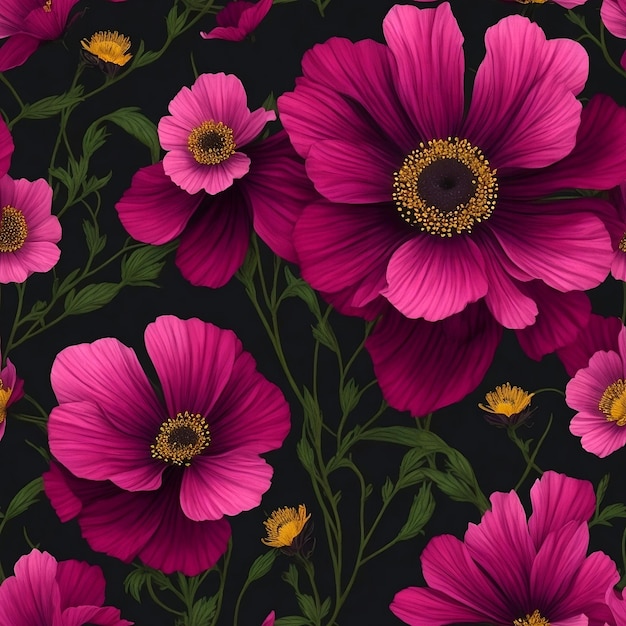 Realistic pink cosmos flowers illustration seamless pattern