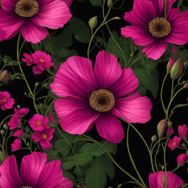 Realistic pink cosmos flowers illustration seamless pattern