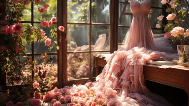 写真 バラと服を持つ現実的なピンクの屋外庭園
