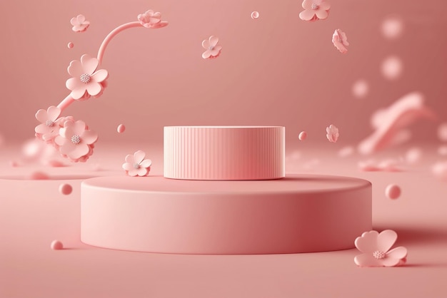 Realistic pink pedestal with sakura flowers for product demonstration