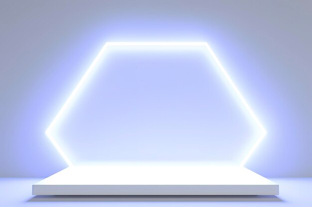 Realistic podium display with neon white lights product display background with light frame white prodium product display with light effect neon lights background generate ai