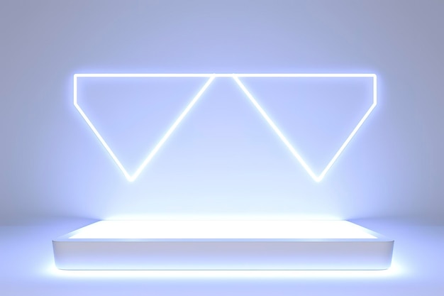 ネオンホワイトライトを備えたリアルな表彰台ディスプレイ ライトフレーム付きの製品ディスプレイの背景 光効果のある白いプロジウム製品ディスプレイ ネオンライトの背景がAIを生成