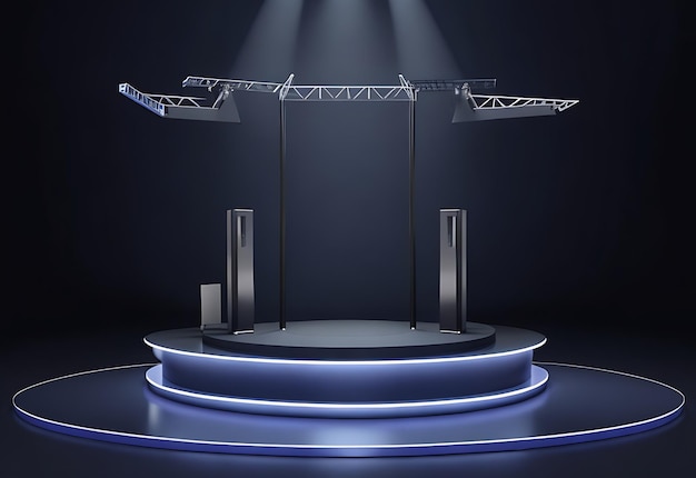 Realistic podium product display background illuminated neon lights studio setup generative ai