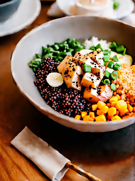 Realistic poke bowl neutral colors warm lighting highly detailed cozy atmosphere restaurant no guests Generative AI Generated