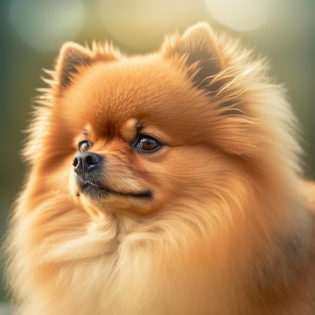 Realistic pomeranian dog on ravishing natural outdoor background