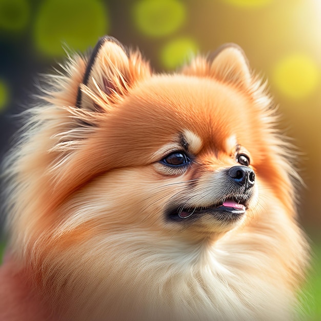 Реалистичная померанская собака на восхитительном естественном фоне под открытым небом