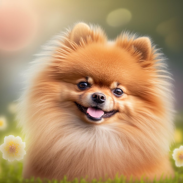 Foto realistico cane pomerania su incantevole sfondo naturale all'aperto