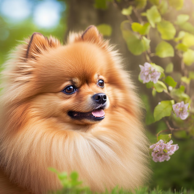 Realistic pomeranian dog on ravishing natural outdoor background