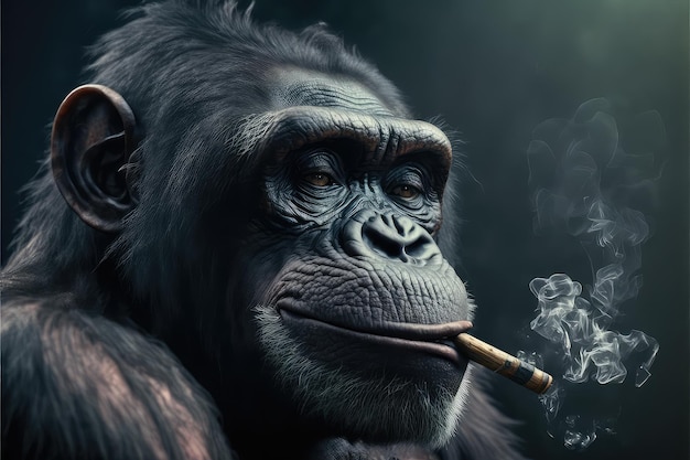 Realistic portrait of a bonobo smoking a mini cigar. Created with Generative AI technology.