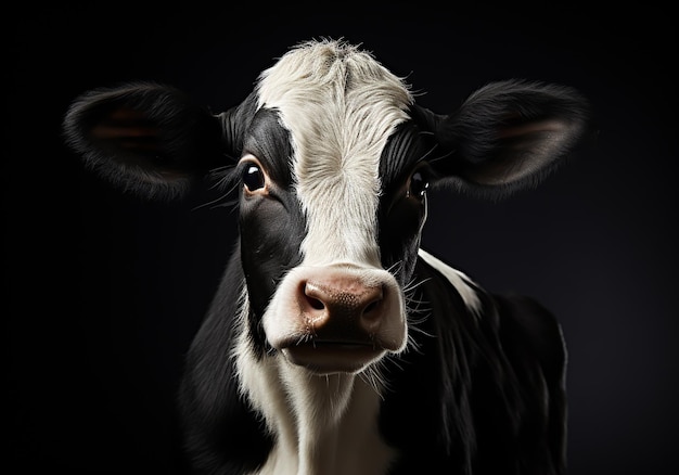 Realistic portrait of a cow on dark background AI generated