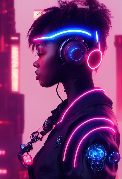 A realistic portrait of a ebony girl wearing a cyberpunk headset and cyberpunk gear.