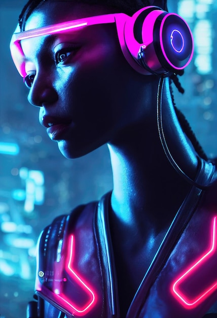 A realistic portrait of a ebony girl wearing a cyberpunk headset and cyberpunk gear.